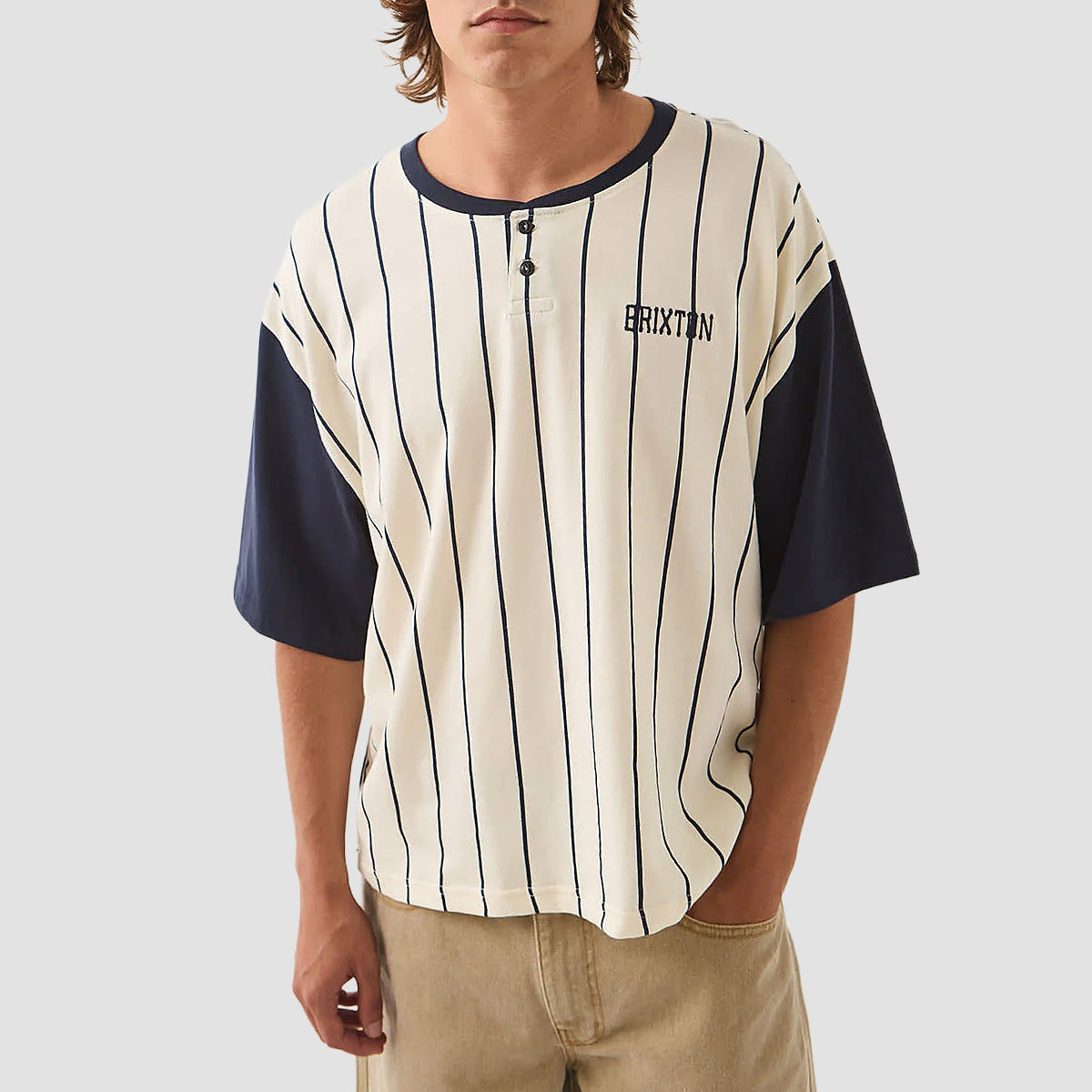 Brixton Boxy Baseball T-Shirt Off White Stripe/Washed Navy