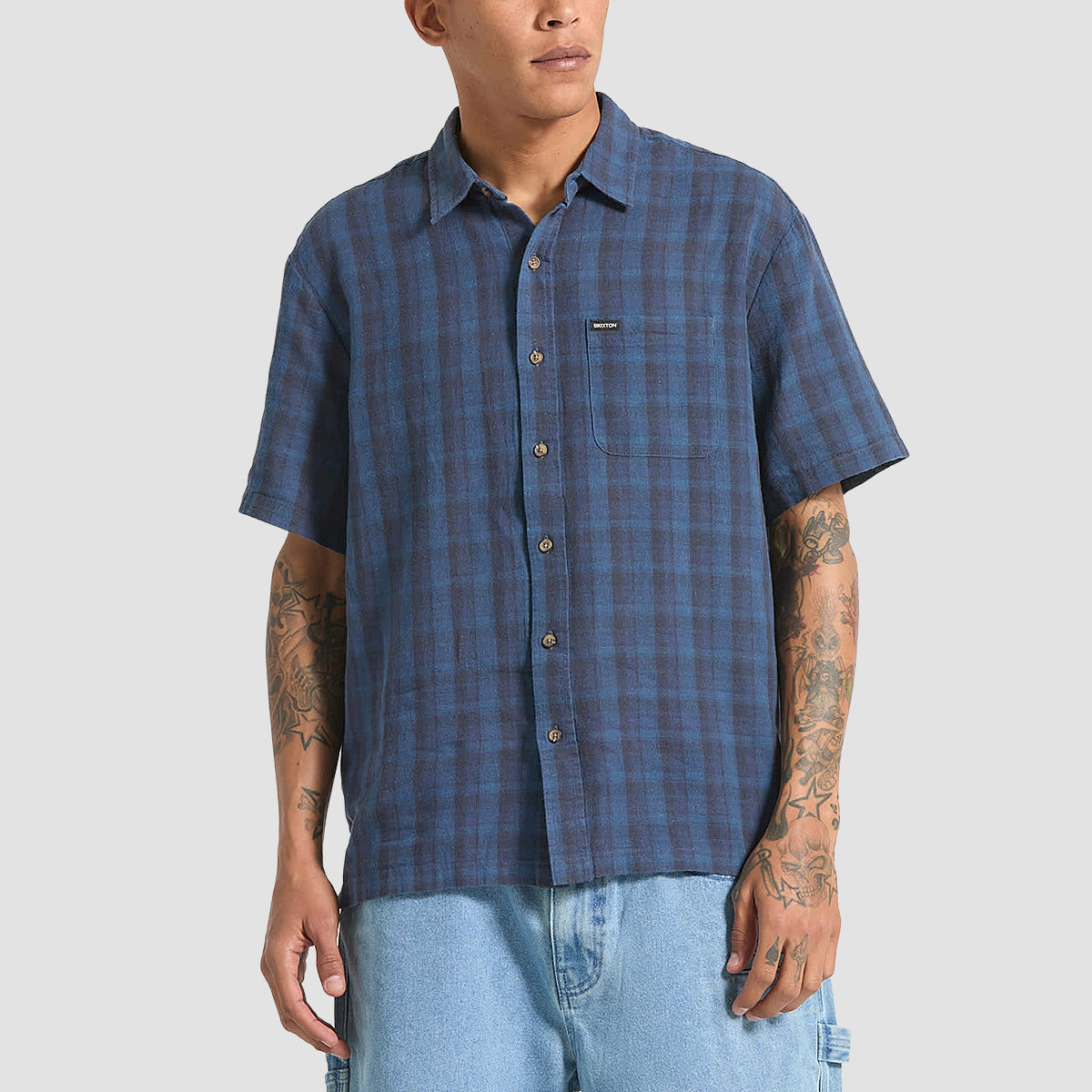 Brixton Cru Linen Blend Plaid Short Sleeve Shirt Dark Blue/Black Plaid