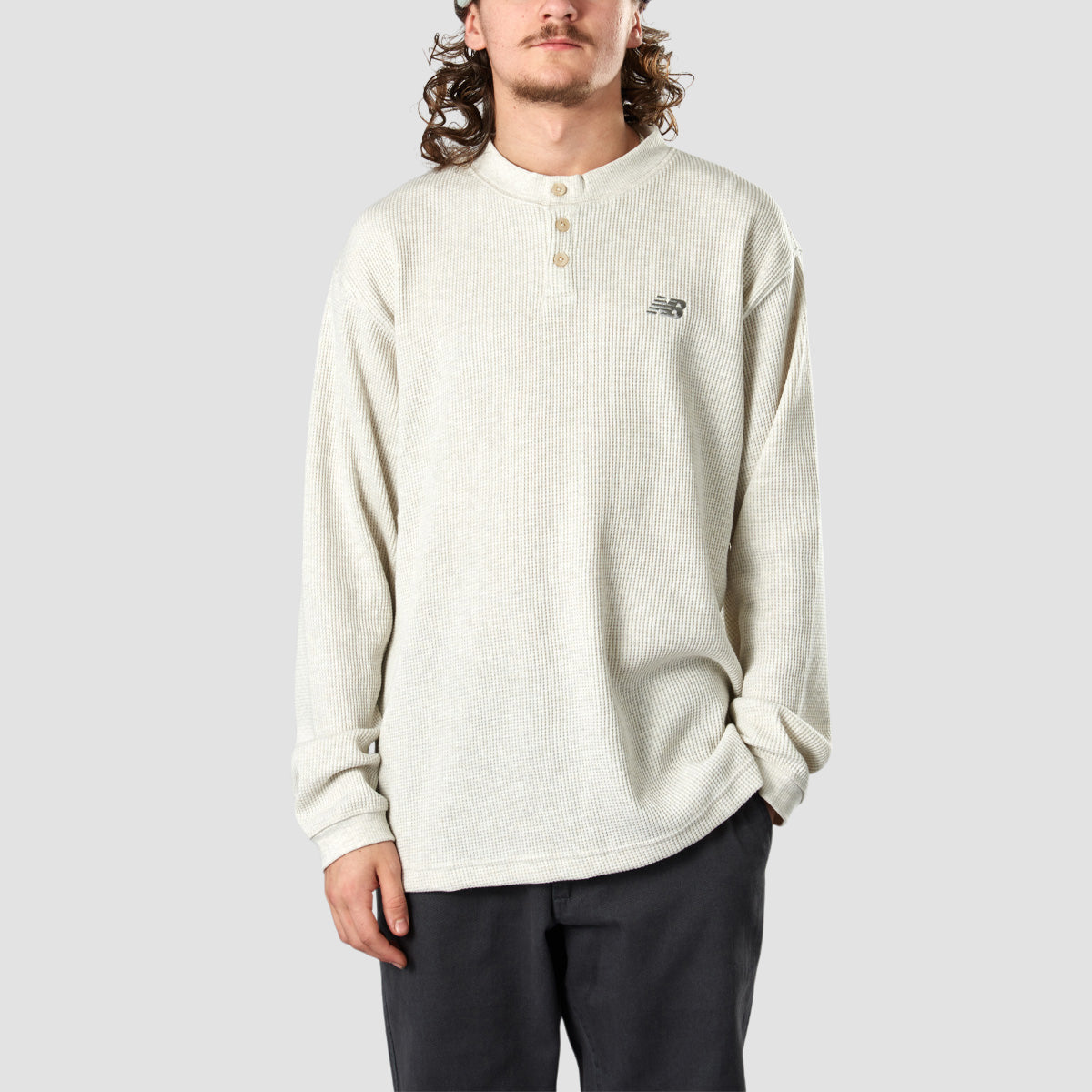 New Balance Waffle Knit Longsleeve Henley T-Shirt Oatmeal Heather
