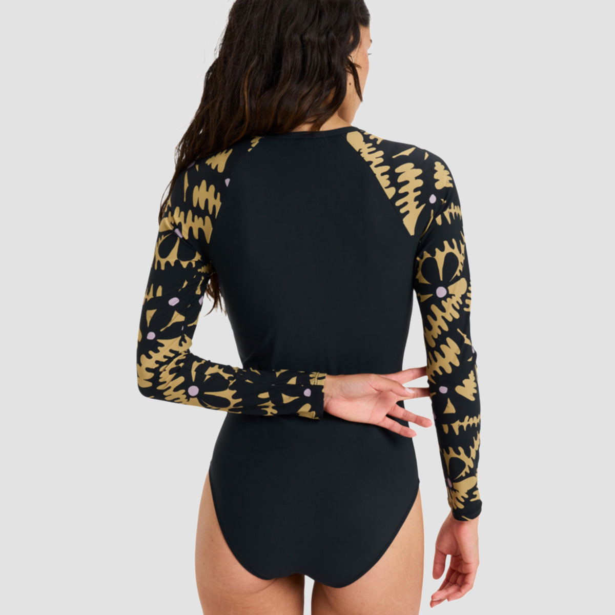 Roxy Active Front Zip Longsleeve Swimsuit Anthracite Big Flowers - Womens