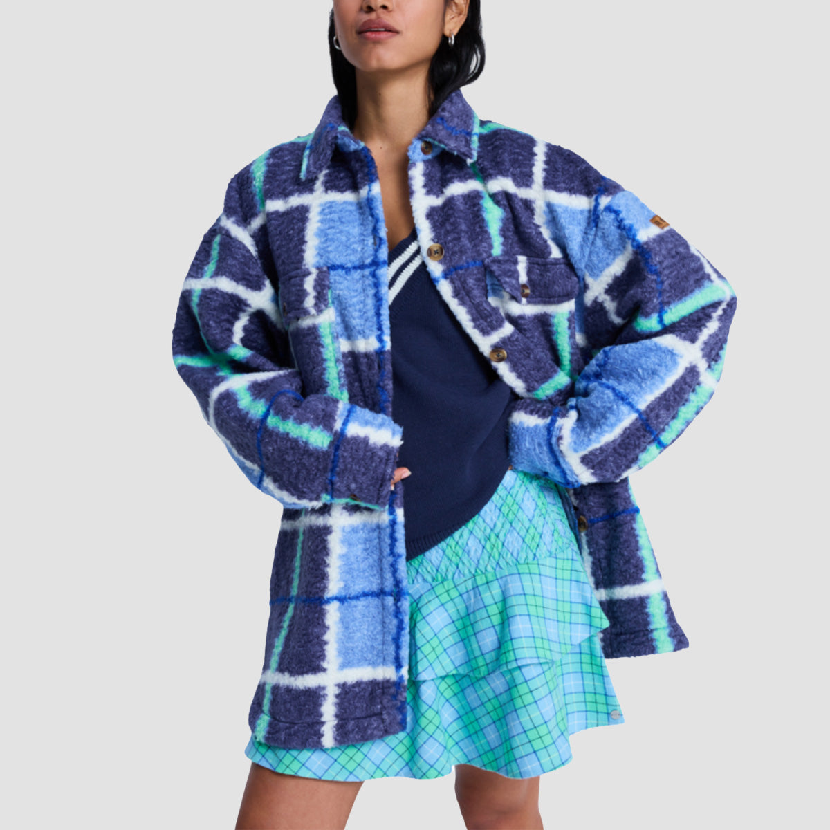 Roxy Over And Above Oversized Fleece Shirt Jacket Dutch Blue Plaid Fade - Womens