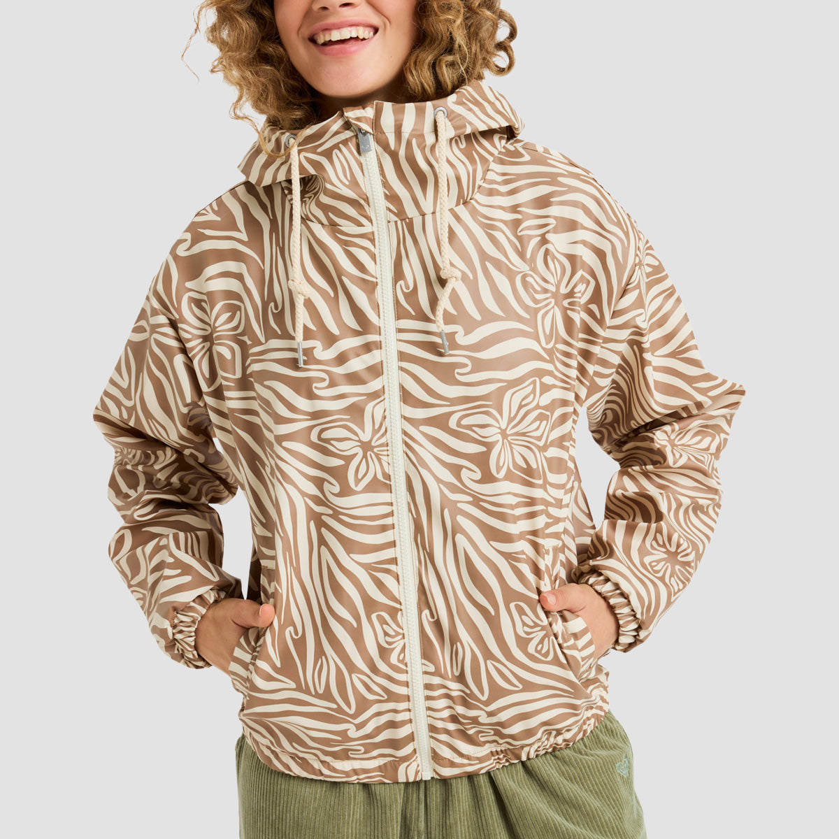 Roxy Wait For Me Printed Rain Jacket Parchment Animal Floral Big - Womens