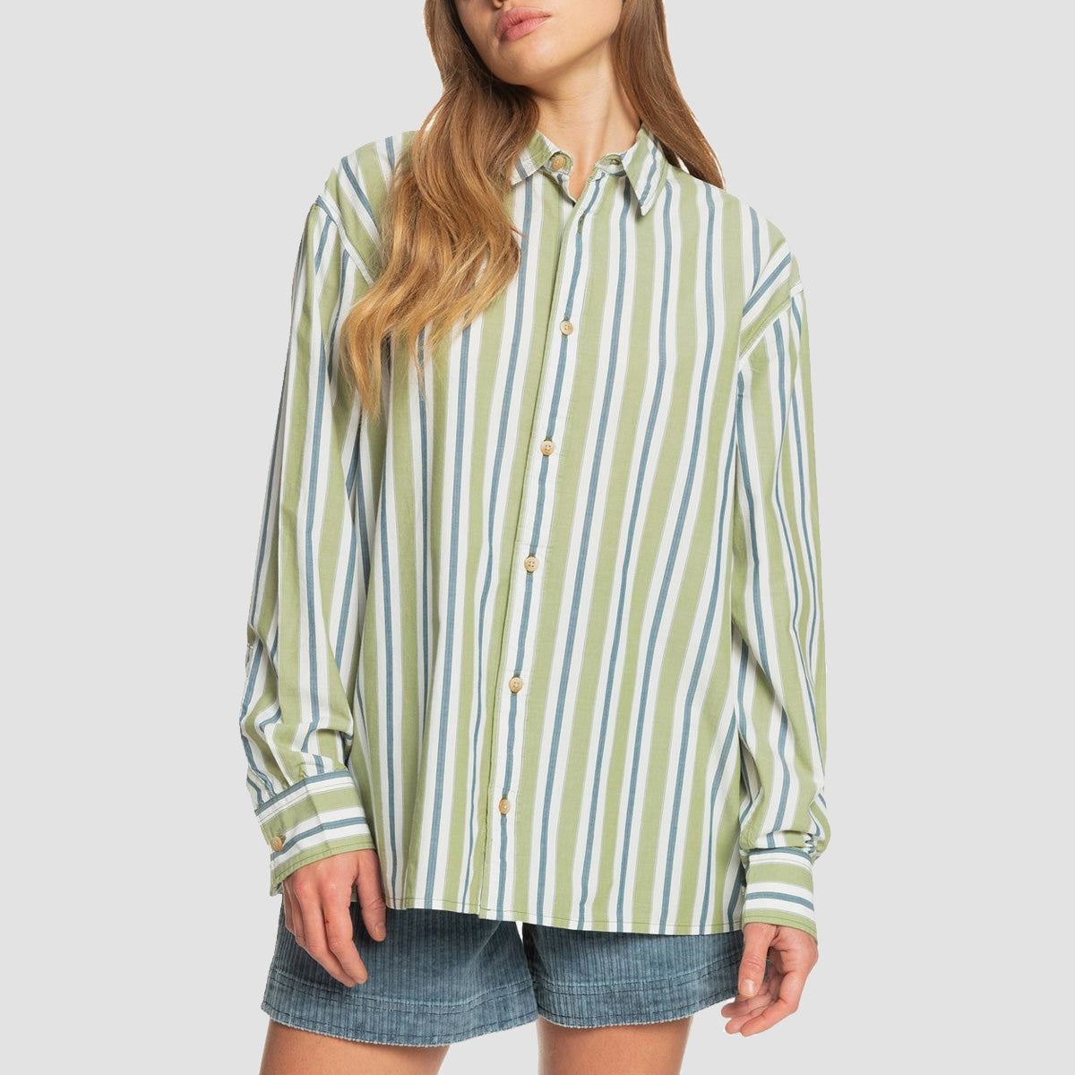 Quiksilver Ride The Sun Longsleeve Shirt Calliste Green Boyfriend Stripe - Womens