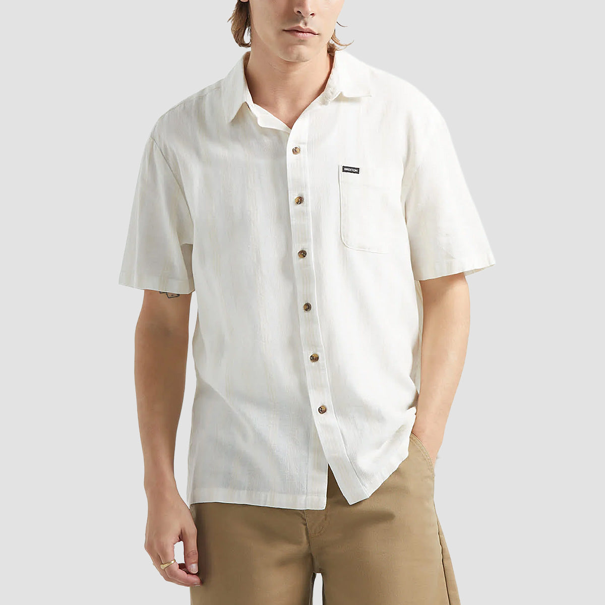 Brixton Cru Striped Dobby Short Sleeve Shirt Off White