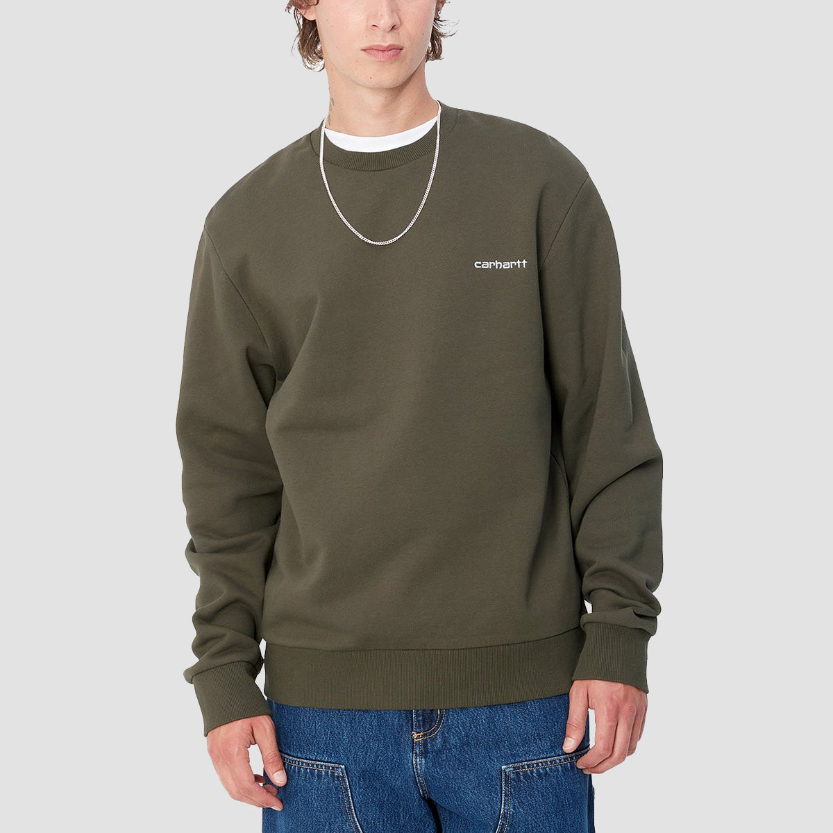 Carhartt WIP Script Embroidery Crew Sweatshirt Cypress/White