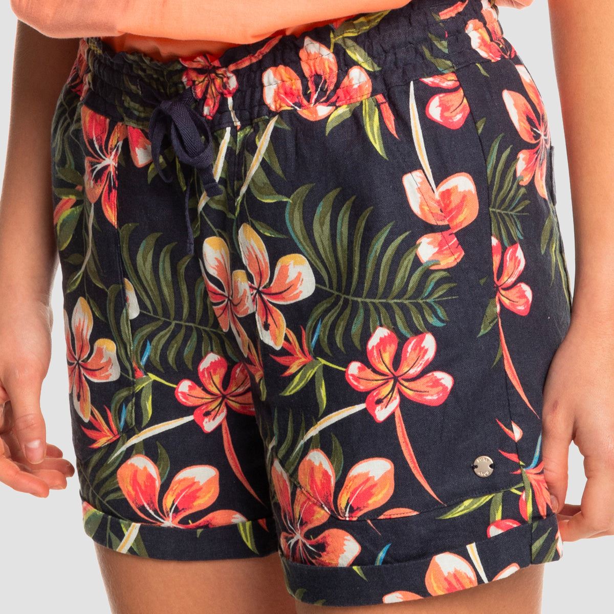 Roxy Another Kiss Printed Linen Shorts Mood Indigo Tropical Depth - Womens