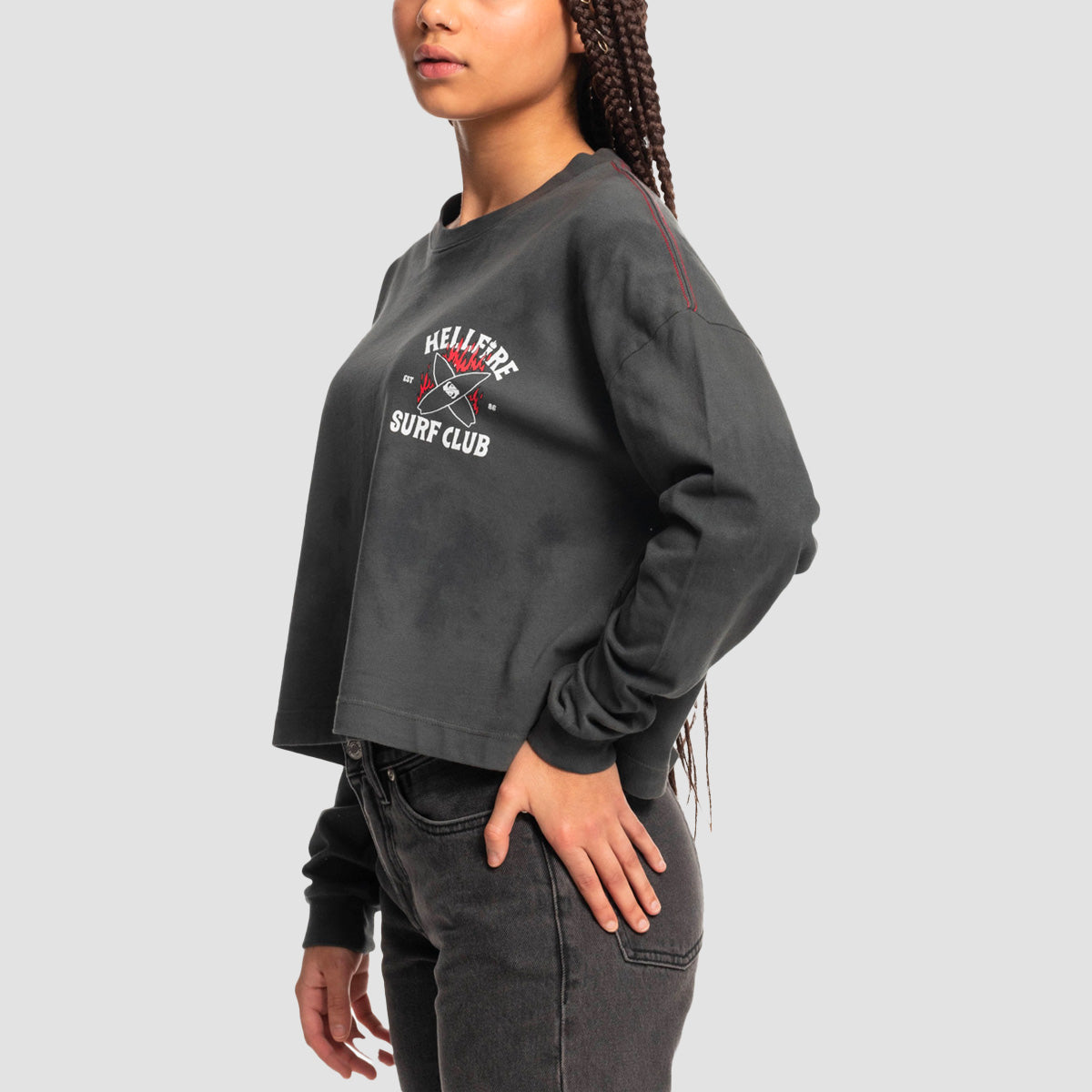 Quiksilver x Stranger Things 86 Oversized Cropped Longsleeve T-Shirt Black Upside Down - Womens