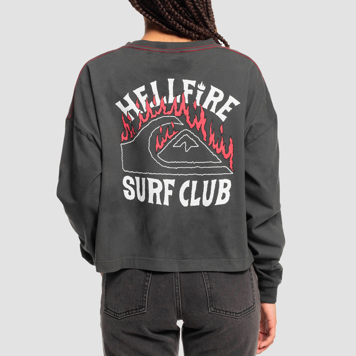 Quiksilver x Stranger Things 86 Oversized Cropped Longsleeve T-Shirt Black Upside Down - Womens