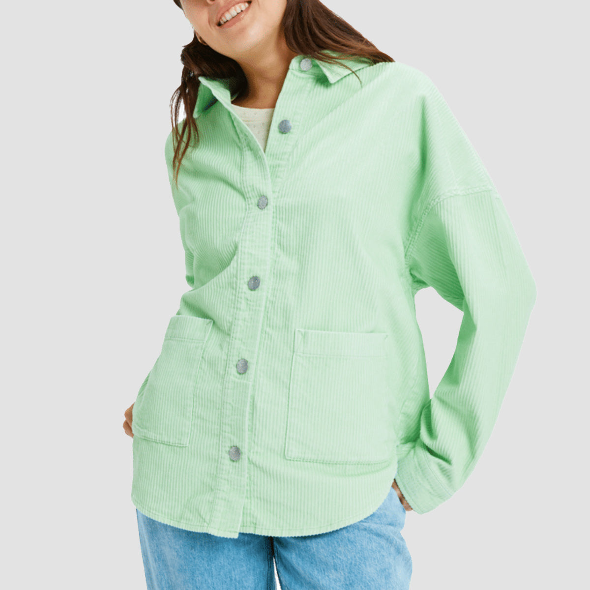 Roxy Kick Back Washed Cord Longsleeve Shirt Pistachio Green - Womens