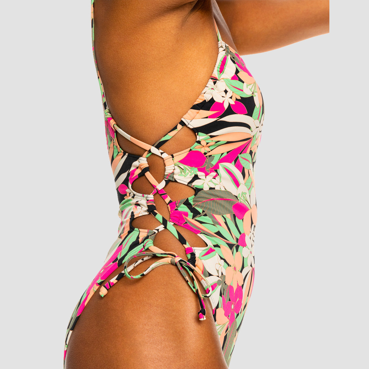 Roxy Printed Beach Classics Lace Up One-Piece Swimsuit Anthracite Palm Song Swim - Womens