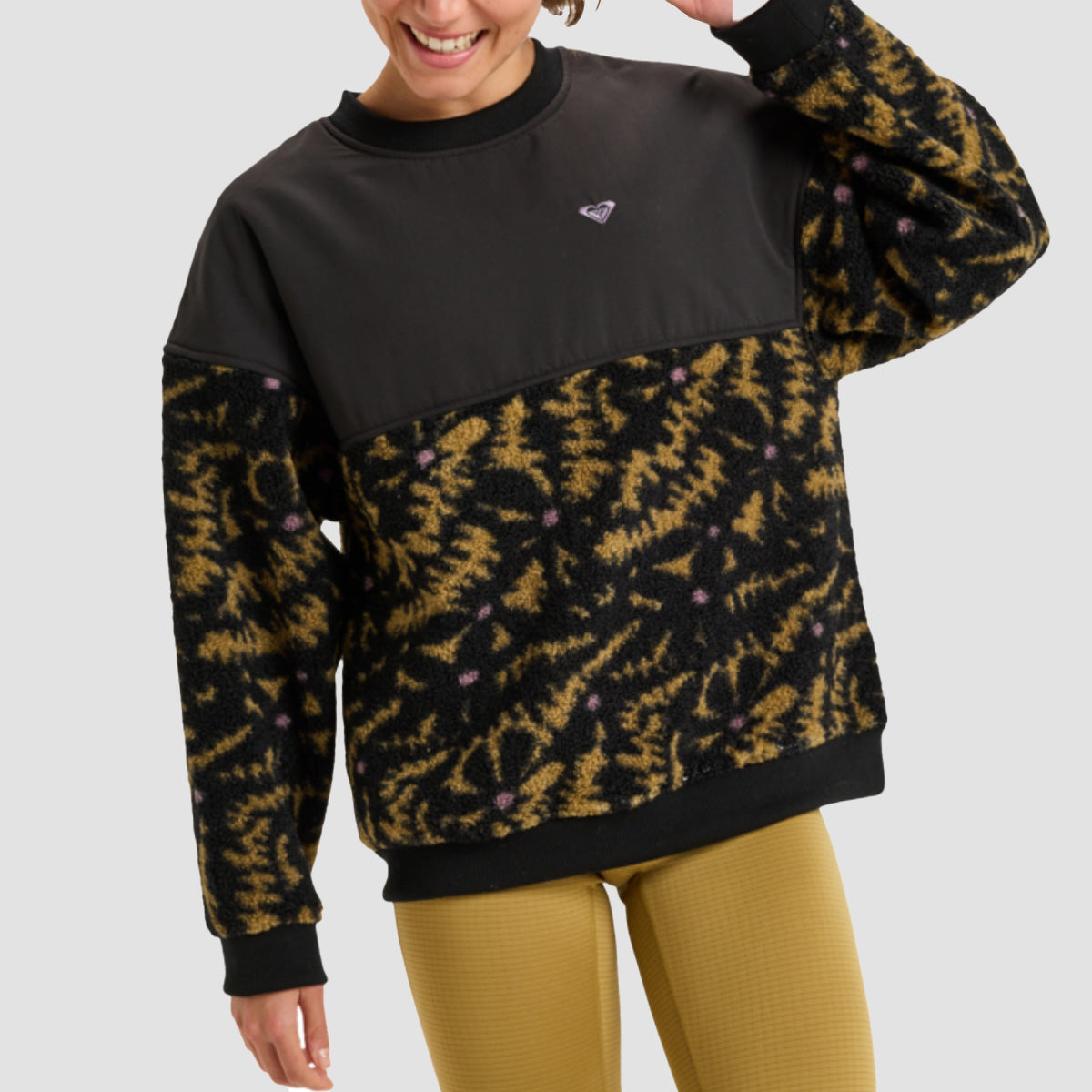 Roxy Waves Of Warmth Layard Crew Sweatshirt Anthracite Big Flowers - Womens